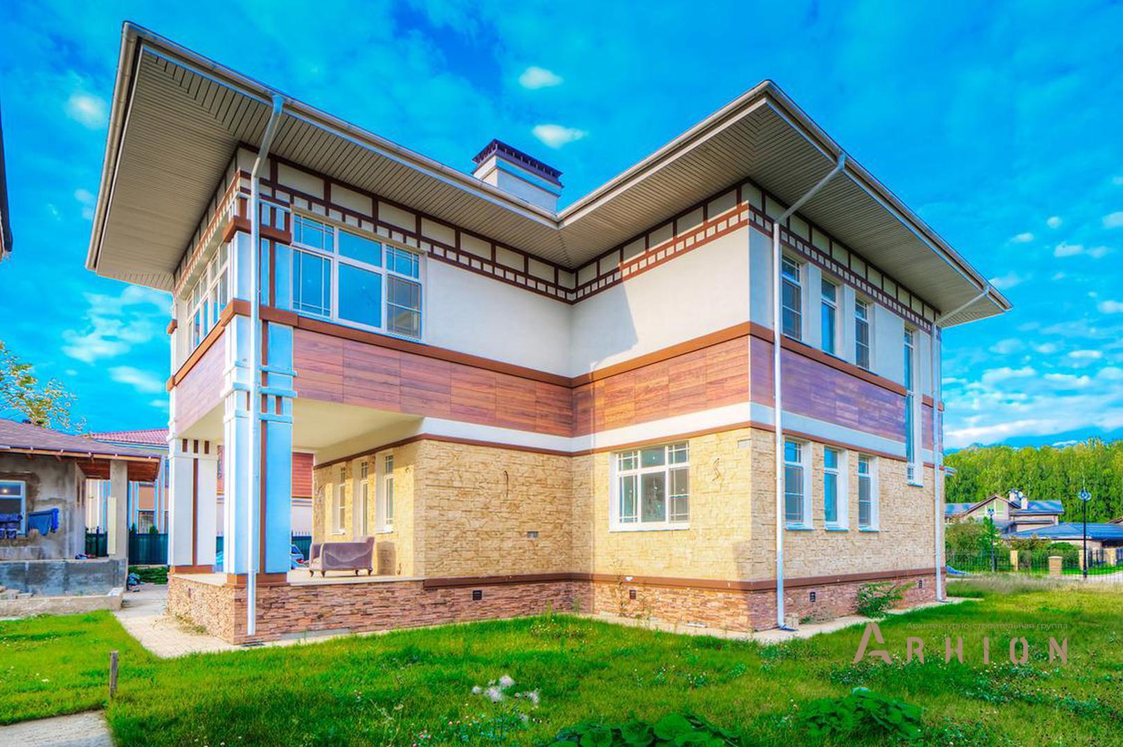 2. Проект двухэтажного дома в стиле Ллойда Райта (прерий) с четырехскатной, gk-07, площадью - 403 кв c сауной, терассой, гаражом, эркером